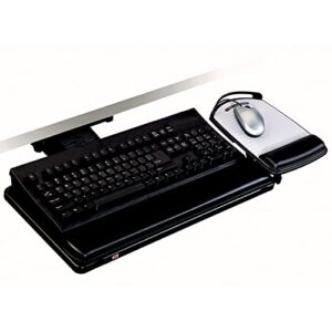 3m keyboard tray with adjustable keyboard and mouse platforms, turn knob to adjust height and tilt, swivels and stores under desk, gel wrist rest and precise mouse pad, 17.75″ track, black (akt80le)