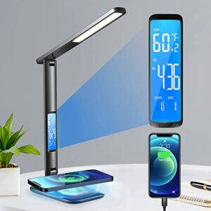 mubarek led desk lamp with wireless charger – adjustable bright desk lamps for home office with usb charging port/clock, led desk lamp for college dorm room(black)