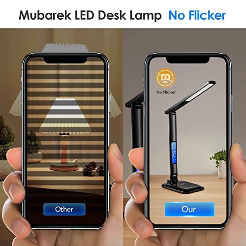 Mubarek LED Desk Lamp with Wireless Charger - Adjustable Bright Desk Lamps for Home Office with USB Charging Port/Clock, LED Desk Lamp for College Dorm Room(Black)