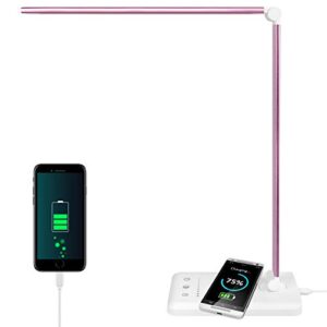 desk lamp with wireless charger, eye-caring led desk lamps for home office table, touch control dimmable reading task lamp, 5 lighting modes, usb charging port, desk light lamp with alarm clock, pink