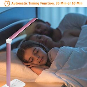 Desk Lamp with Wireless Charger, Eye-Caring LED Desk Lamps for Home Office Table, Touch Control Dimmable Reading Task Lamp, 5 Lighting Modes, USB Charging Port, Desk Light Lamp with Alarm Clock, Pink