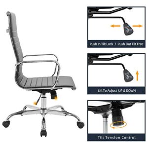 LANDSUN Modern High Back Office Chair PU Leather Ribbed Swivel Tilt Adjustable Home Desk Chair with Armrest Executive Conference Black