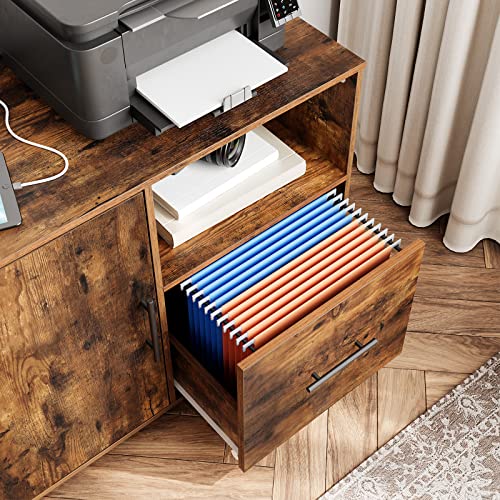 HOOBRO Wooden Office File Cabinet, 1-Drawer Lateral Filing Cabinet with Charging Station, Printer Stand with Open Storage, for A4, Letter Size, for Office, Study, Rustic Brown FG21UWJ01
