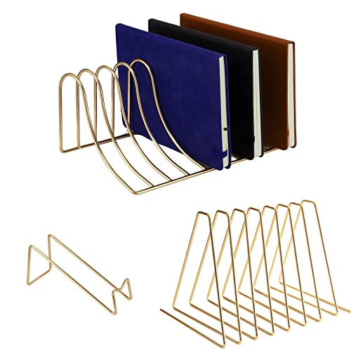 Fameskey Book Sorter Organizer Metal Wire Desk File Sorter Accessories Set, 9 Slot Adjustable Triangle Display Folder Stand, Magazine File Holder, Red Wine Shelf, for Home Office - Gold