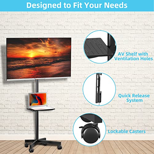 Mobile TV Carts on Wheels for 21-60 Inch Flat/Curved Panel Screens TVs - Height Adjustable Floor Trolley Stand with Shelf Holds up to 77lbs - Max VESA 400x400mm