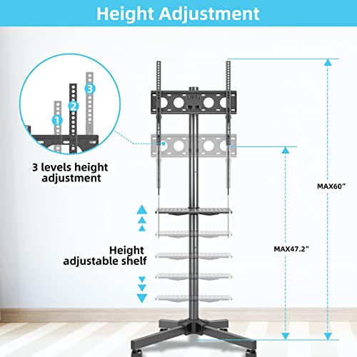 Mobile TV Carts on Wheels for 21-60 Inch Flat/Curved Panel Screens TVs - Height Adjustable Floor Trolley Stand with Shelf Holds up to 77lbs - Max VESA 400x400mm