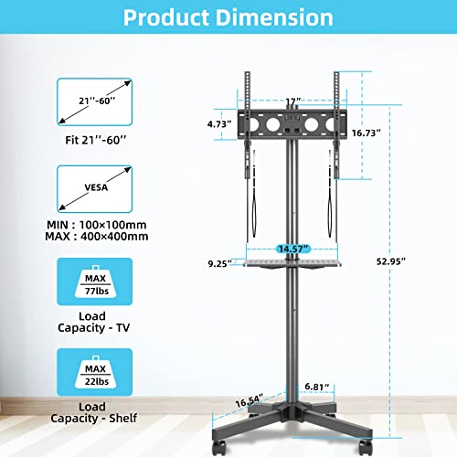 Mobile TV Carts on Wheels for 21-60 Inch Flat/Curved Panel Screens TVs - Height Adjustable Floor Trolley Stand with Shelf Holds up to 77lbs - Max VESA 400x400mm