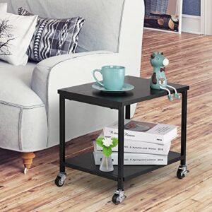 Under Desk Printer Stand, 2 Tier Printer Cart with Wheels and Wood Storage Shelf and Industrial Home Desktop Printer Table Stand for Office Scanner Rustic Black