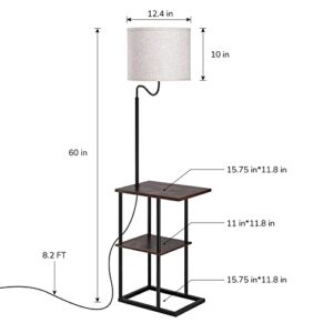 EDISHINE Floor Lamp with Table, Modern Side Table with Built-in Lamp, Reading Shelf Floor Lamp with Linen Shade, Narrow Nightstand with Shelves for Living Room, Bedroom, Office, Den