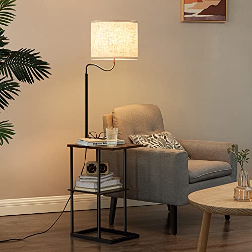 EDISHINE Floor Lamp with Table, Modern Side Table with Built-in Lamp, Reading Shelf Floor Lamp with Linen Shade, Narrow Nightstand with Shelves for Living Room, Bedroom, Office, Den
