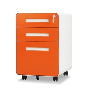 superday metal file cabinet with wheels and keys, 3 drawer filing cabinet pre-assembled, mobile under desk storage cabinet for a4/letter/legal, orange