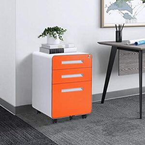 Superday Metal File Cabinet with Wheels and Keys, 3 Drawer Filing Cabinet Pre-Assembled, Mobile Under Desk Storage Cabinet for A4/Letter/Legal, Orange