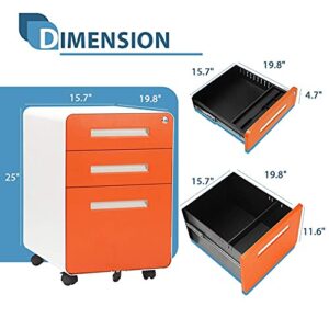 Superday Metal File Cabinet with Wheels and Keys, 3 Drawer Filing Cabinet Pre-Assembled, Mobile Under Desk Storage Cabinet for A4/Letter/Legal, Orange