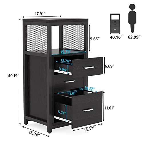 Tribesigns 3 Drawer File Cabinet for Letter Size, Modern Vertical Filing Cabinet Printer Stand with Metal Wire Storage Shelves for Home Office(Black)