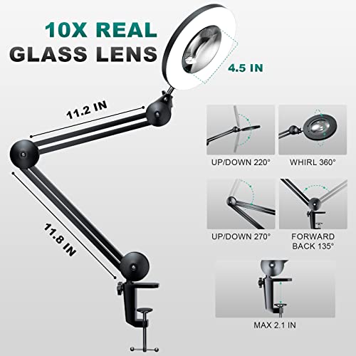 crazybrace 10X Magnifying Glass with Light 2-in-1 Desk Magnifier Lamp with Clamp 120 LEDs Lighted Magnifying Lamp Craft 3 Color Modes Stepless Dimmable Magnifier with Light for Close Works