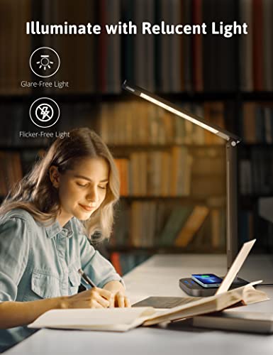 Gteetoo LED Desk Lamp with Wireless Fast Charger, Office Desk Light with USB Charging Port, 5 Color Temperatures & 5 Brightness Levels, Night Light Mode, 1 Hour Timer, Black