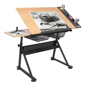 bonnlo professional drafting desk, wooden drawing table height adjustable tiltable tabletop w/storage drawer for reading, writing art craft work station