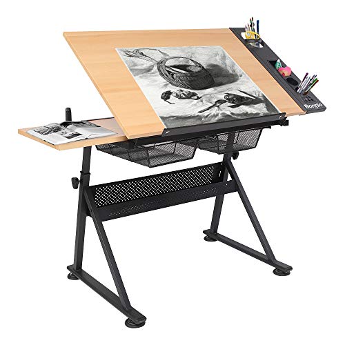 Bonnlo Professional Drafting Desk, Wooden Drawing Table Height Adjustable Tiltable Tabletop w/Storage Drawer for Reading, Writing Art Craft Work Station