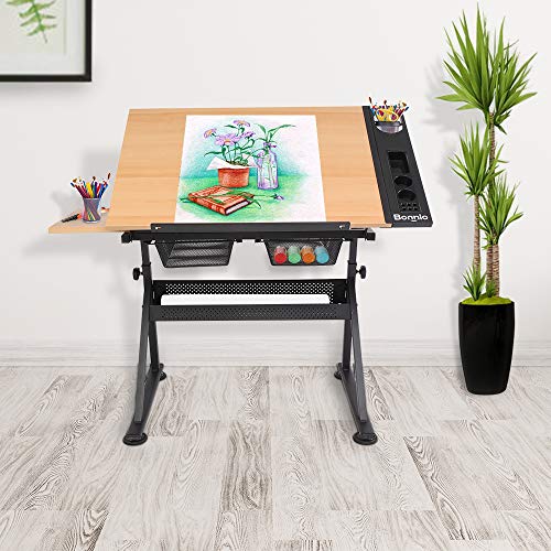 Bonnlo Professional Drafting Desk, Wooden Drawing Table Height Adjustable Tiltable Tabletop w/Storage Drawer for Reading, Writing Art Craft Work Station