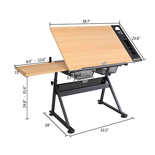 Bonnlo Professional Drafting Desk, Wooden Drawing Table Height Adjustable Tiltable Tabletop w/Storage Drawer for Reading, Writing Art Craft Work Station