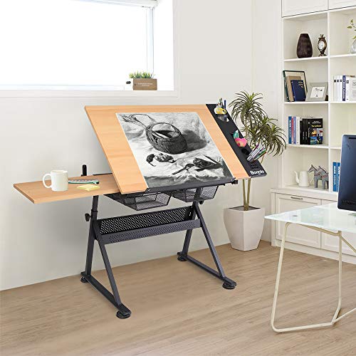 Bonnlo Professional Drafting Desk, Wooden Drawing Table Height Adjustable Tiltable Tabletop w/Storage Drawer for Reading, Writing Art Craft Work Station