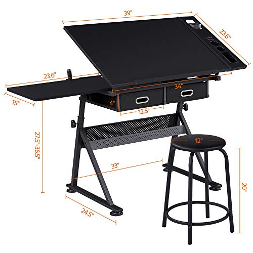 Topeakmart Drafting Table Height Adjustable Drawing Draft Desk Tiltable Tabletop Art Craft Work Station with Extra Retractable Board Table Stool Set for Diamond Painting Sewing Graphic Designere