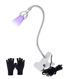 395nm 3w uv led light with uv protection gloves, 5v usb input uv led lamp with fixtures and gooseneck nail lamp for gel nails and ultraviolet curing(silver)