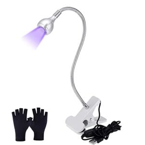 395nm 3W UV LED Light with UV Protection Gloves, 5V USB Input UV LED Lamp with Fixtures and Gooseneck Nail Lamp for Gel Nails and Ultraviolet Curing(Silver)