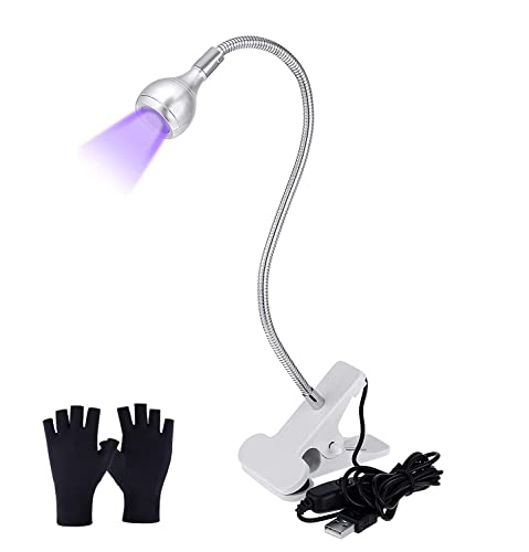 395nm 3W UV LED Light with UV Protection Gloves, 5V USB Input UV LED Lamp with Fixtures and Gooseneck Nail Lamp for Gel Nails and Ultraviolet Curing(Silver)