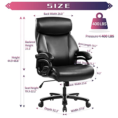 Big and Tall 400LBS Bonded Leather Office Chair - Adjustable Tilt Angle and Heavy Duty Metal Base High Back Large Thick Padded Ergonomic Executive Desk Computer Swivel Chair (Black-2)