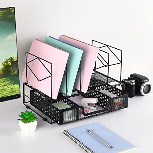 AUPSEN Desk Organizer and Accessories - Desktop Organizer with 5 Vertical File sorters and Drawer for Office Supplies, Paper, Device and Folder (Black)