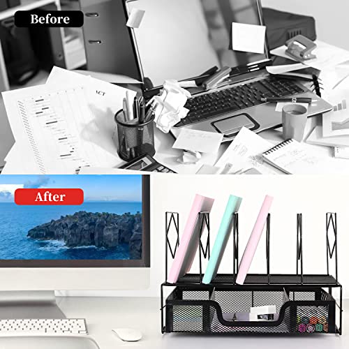 AUPSEN Desk Organizer and Accessories - Desktop Organizer with 5 Vertical File sorters and Drawer for Office Supplies, Paper, Device and Folder (Black)
