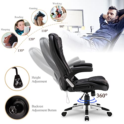 Paddie Ergonomic Executive Massage Office Chair, High-Back PU Leather Desk Chair with Heated 6 Point Vibrating, Swivel Rocking Chair with Padded Armrest and Adjustable Height (Black)