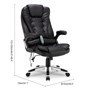 Paddie Ergonomic Executive Massage Office Chair, High-Back PU Leather Desk Chair with Heated 6 Point Vibrating, Swivel Rocking Chair with Padded Armrest and Adjustable Height (Black)