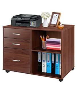super deal file cabinet bookshelf combo 3 drawer wood file cabinet with lock mobile lateral filing cabinet printer stand with open storage shelves fits a4 or letter size for home office, brown