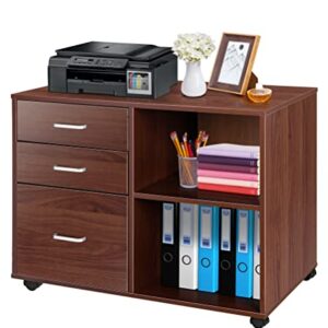 SUPER DEAL File Cabinet Bookshelf Combo 3 Drawer Wood File Cabinet with Lock Mobile Lateral Filing Cabinet Printer Stand with Open Storage Shelves Fits A4 or Letter Size for Home Office, Brown