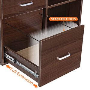 SUPER DEAL File Cabinet Bookshelf Combo 3 Drawer Wood File Cabinet with Lock Mobile Lateral Filing Cabinet Printer Stand with Open Storage Shelves Fits A4 or Letter Size for Home Office, Brown