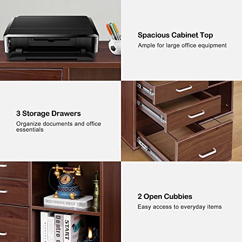 SUPER DEAL File Cabinet Bookshelf Combo 3 Drawer Wood File Cabinet with Lock Mobile Lateral Filing Cabinet Printer Stand with Open Storage Shelves Fits A4 or Letter Size for Home Office, Brown