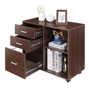 SUPER DEAL File Cabinet Bookshelf Combo 3 Drawer Wood File Cabinet with Lock Mobile Lateral Filing Cabinet Printer Stand with Open Storage Shelves Fits A4 or Letter Size for Home Office, Brown