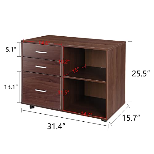 SUPER DEAL File Cabinet Bookshelf Combo 3 Drawer Wood File Cabinet with Lock Mobile Lateral Filing Cabinet Printer Stand with Open Storage Shelves Fits A4 or Letter Size for Home Office, Brown