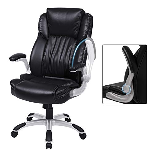 SONGMICS Extra Big Office Chair, High Back PU Executive Chair with Thick Seat and Tilt Function, Flip Up Arms, Black UOBG94BK