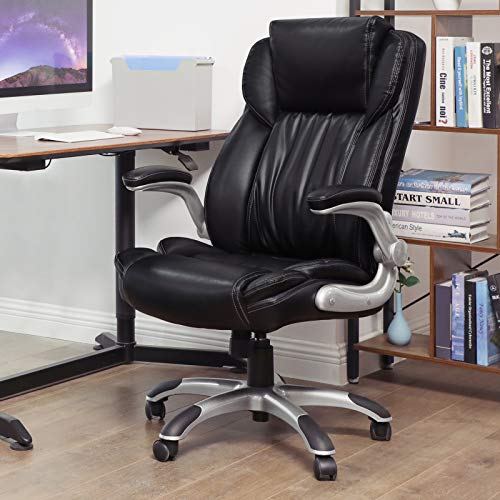 SONGMICS Extra Big Office Chair, High Back PU Executive Chair with Thick Seat and Tilt Function, Flip Up Arms, Black UOBG94BK