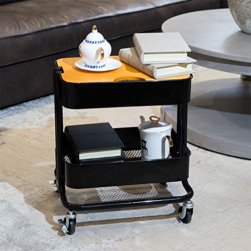 2 Tier Utility Cart，Metal Rolling Cart with Wheels and Cover for Office Home Kitchen Organization (Black-1, 2 Tier)