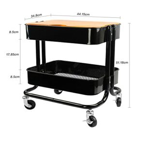 2 Tier Utility Cart，Metal Rolling Cart with Wheels and Cover for Office Home Kitchen Organization (Black-1, 2 Tier)