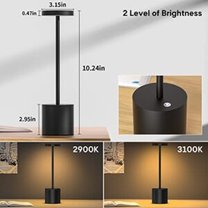 YHT Rechargeable Cordless Table Lamp, 10.25in Small Outdoor Portable Battery Operated Desk Lamps 2 Levels Dimmable Powered Night Light for Dining Restaurant Bar Garden Patio Bedroom Black