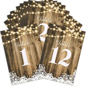 1-12 wood lights table number double sided signs rustic calligraphy printed numbered card paper wedding seating chart table decoration restaurant reusable reception centerpieces for tables, 4 x 6 inch