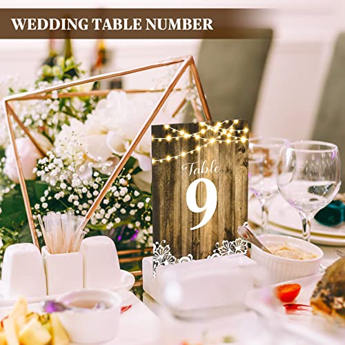1-12 Wood Lights Table Number Double Sided Signs Rustic Calligraphy Printed Numbered Card Paper Wedding Seating Chart Table Decoration Restaurant Reusable Reception Centerpieces for Tables, 4 x 6 Inch