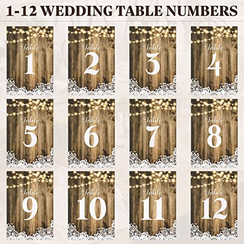 1-12 Wood Lights Table Number Double Sided Signs Rustic Calligraphy Printed Numbered Card Paper Wedding Seating Chart Table Decoration Restaurant Reusable Reception Centerpieces for Tables, 4 x 6 Inch