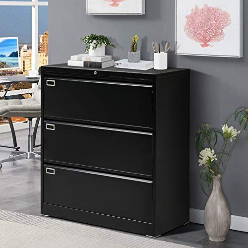 Black Lateral File Cabinet with Lock, 3 Drawer Metal Filing Cabinet for Legal / Letter Size, Locking Office File Cabinet with Drawers, Large File Drawer Cabinet with Printer Stand for Home Office