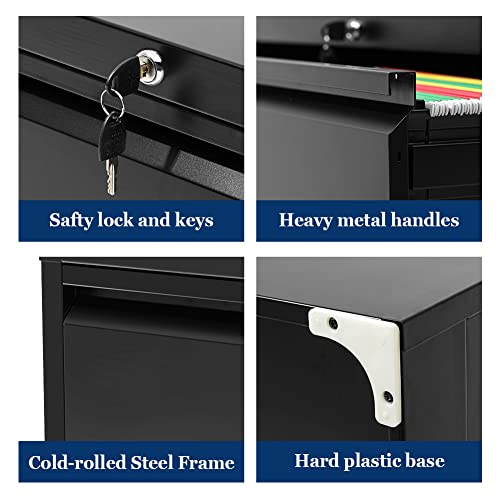 Black Lateral File Cabinet with Lock, 3 Drawer Metal Filing Cabinet for Legal / Letter Size, Locking Office File Cabinet with Drawers, Large File Drawer Cabinet with Printer Stand for Home Office